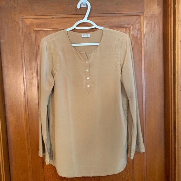 Taupe Mimi Maternity 100% Silk Blouse with Wide Sleeves and Decorative Design M - Picture 10 of 16